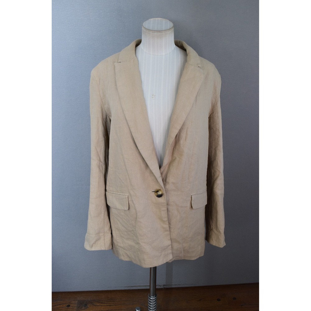 Free People Blazer Small Tan Linen Blend Striped Lining Women Relaxed Prep Pads